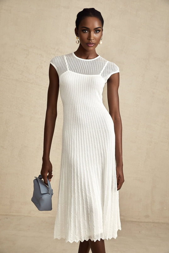 Enrica White Midi Dress Viscose Polyamide Elastane Scalloped Hem Sleeveless Round Neck Stretch Jersey