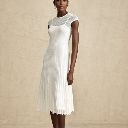 Enrica White Midi Dress Viscose Polyamide Elastane Scalloped Hem Sleeveless Round Neck Stretch Jersey