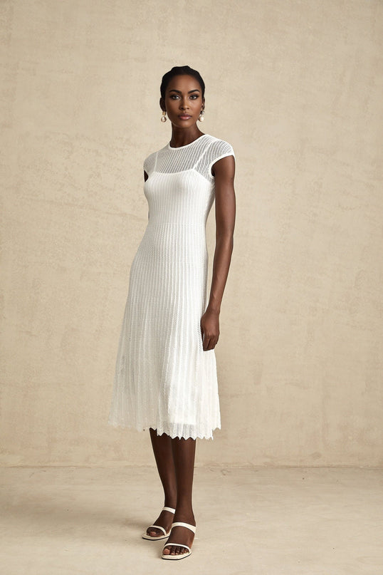 Enrica White Midi Dress Viscose Polyamide Elastane Scalloped Hem Sleeveless Round Neck Stretch Jersey
