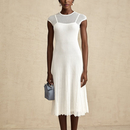 Enrica White Midi Dress Viscose Polyamide Elastane Scalloped Hem Sleeveless Round Neck Stretch Jersey