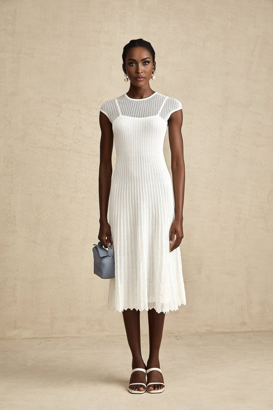 Enrica White Midi Dress Viscose Polyamide Elastane Scalloped Hem Sleeveless Round Neck Stretch Jersey