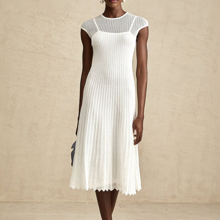 Enrica White Midi Dress Viscose Polyamide Elastane Scalloped Hem Sleeveless Round Neck Stretch Jersey