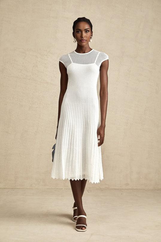 Enrica White Midi Dress Viscose Polyamide Elastane Scalloped Hem Sleeveless Round Neck Stretch Jersey