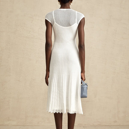 Enrica White Stretch Jersey Midi Dress with Scalloped Hem