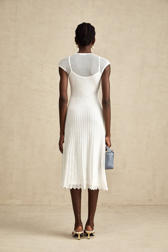 Enrica White Stretch Jersey Midi Dress with Scalloped Hem