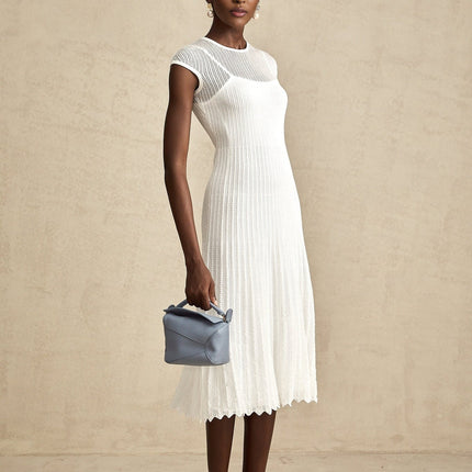 Enrica White Stretch Jersey Midi Dress Scalloped Hem Sleeveless Round Neck