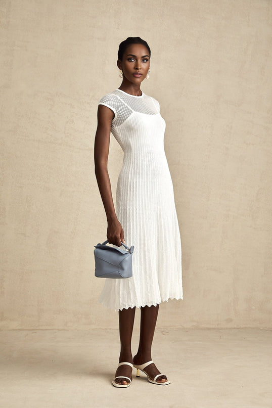 Enrica White Stretch Jersey Midi Dress Scalloped Hem Sleeveless Round Neck