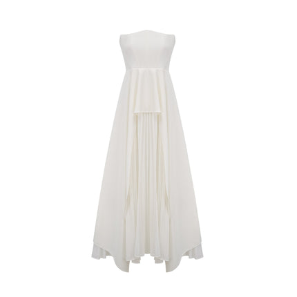Enrica White Pleated Maxi Dress Elegant Sophistication Grace Off-Shoulder Ruffled Trim Textured Sleeveless Luxurious Blend Polyamide Elastane Timeless Modern Glamorous Chic Soirée Impeccable Taste