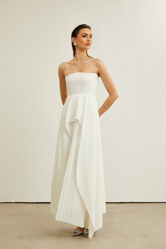 Enrica White Pleated Maxi Dress Elegant Sophisticated Graceful Feminine Texture Luxurious Sleek Sleeveless Timeless Modern Glamorous Chic Statement Impeccable
