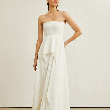 Enrica White Pleated Maxi Dress Elegant Sophisticated Graceful Off-Shoulder Ruffled Trim Texture Luxurious Blend Polyamide Elastane Sleeveless Timeless Modern Glamorous Chic Statement Impeccable Taste