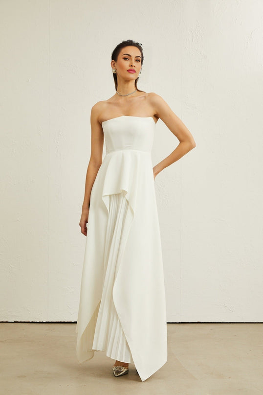 Enrica White Pleated Maxi Dress Elegant Sophisticated Graceful Off-Shoulder Ruffled Trim Texture Luxurious Blend Polyamide Elastane Sleeveless Timeless Modern Glamorous Chic Statement Impeccable Taste