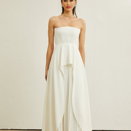 Enrica White Pleated Maxi Dress with Off-Shoulder Fit and Ruffled Trim