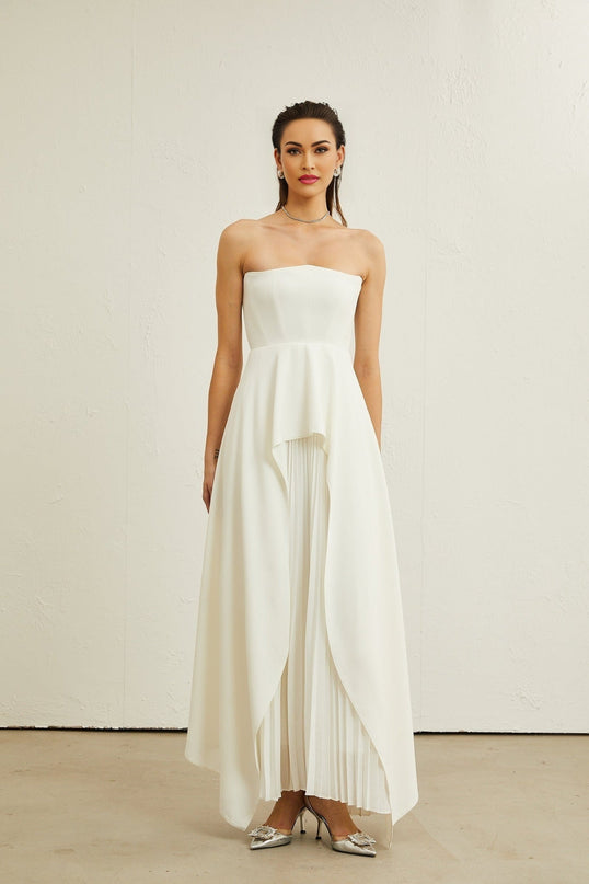 Enrica White Pleated Maxi Dress with Off-Shoulder Fit and Ruffled Trim