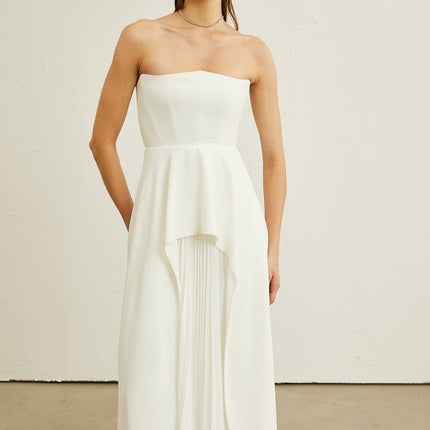 Enrica White Pleated Maxi Dress Elegant Sophistication Grace Ruffled Trim Texture Luxurious Blend Sleeveless Timeless Style Modern Allure Glamorous Event Chic Soiree Impeccable Taste