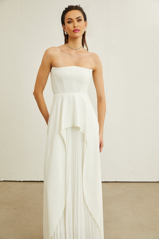 Enrica White Pleated Maxi Dress Elegant Sophistication Grace Ruffled Trim Texture Luxurious Blend Sleeveless Timeless Style Modern Allure Glamorous Event Chic Soiree Impeccable Taste