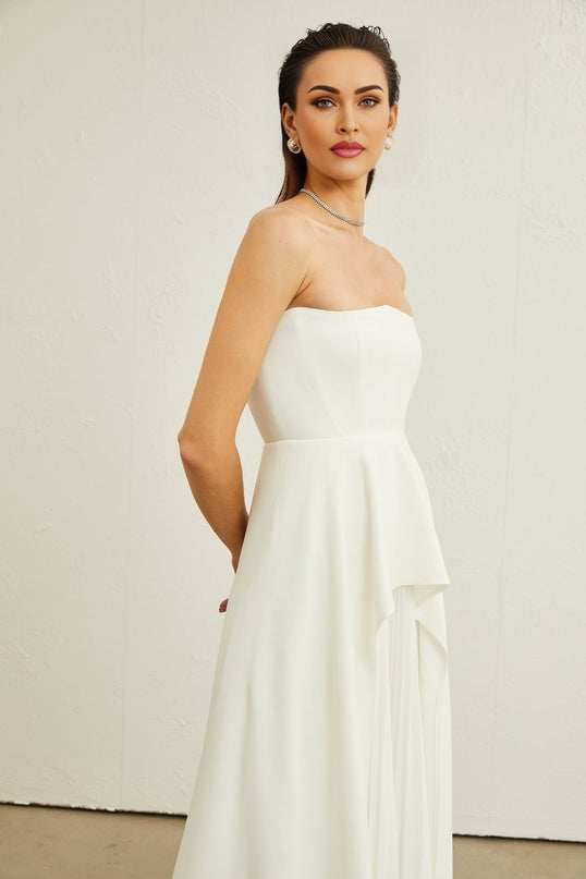 Enrica White Pleated Maxi Dress Elegant Sophisticated Graceful Women Fashion