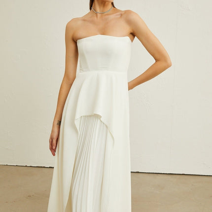 Enrica White Pleated Maxi Dress Elegant Sophisticated Graceful Off-Shoulder Ruffled Trim Sleeveless Luxurious Blend Polyamide Elastane Timeless Modern Chic Statement Impeccable Taste