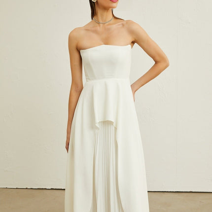 Enrica White Pleated Maxi Dress Elegant Sophisticated Graceful Off-Shoulder Ruffled Trim Sleeveless Luxurious Blend Polyamide Elastane Glamorous Chic Soiree Statement Impeccable Taste