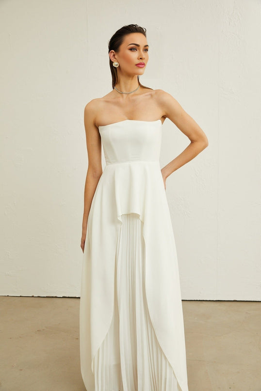 Enrica White Pleated Maxi Dress Elegant Sophisticated Graceful Off-Shoulder Ruffled Trim Sleeveless Luxurious Blend Polyamide Elastane Glamorous Chic Soiree Statement Impeccable Taste