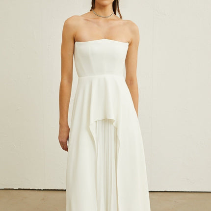 Enrica White Pleated Maxi Dress Sleeveless Off-Shoulder Ruffled Trim Elegant Sophisticated Graceful Textured Modern Luxurious Chic Event Soiree