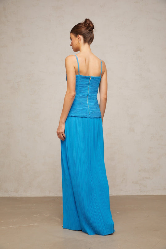 Erika Blue Maxi Dress with Sweetheart Neckline and Pleated Detailing