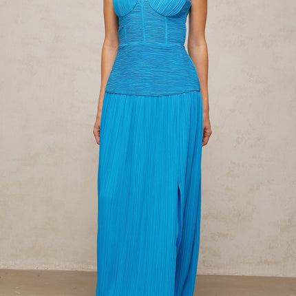 Erika Blue Maxi Dress Sweetheart Neckline Pleated Detailing Side Slit Buckle Detailing Rear Zip Fastening 100% Terylene Fiber