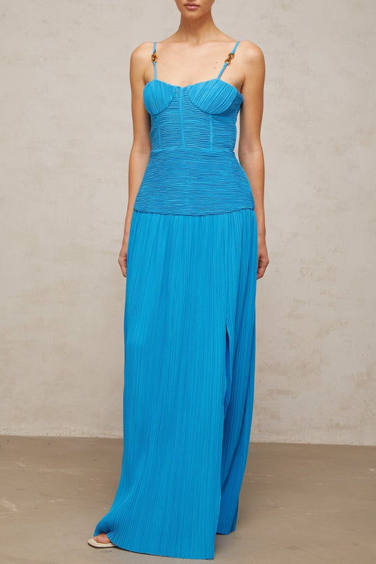 Erika Blue Maxi Dress Sweetheart Neckline Pleated Detailing Side Slit Buckle Detailing Rear Zip Fastening 100% Terylene Fiber