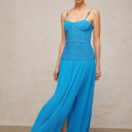 Erika Blue Maxi Dress with Pleated Detailing and Side Slit
