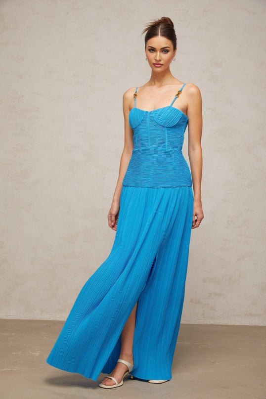 Erika Blue Maxi Dress with Pleated Detailing and Side Slit