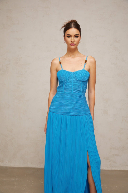 Erika Blue Maxi Dress with Sweetheart Neckline and Side Slit