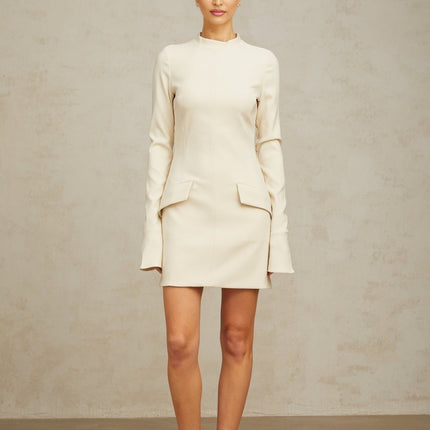 Erika Cream White Mini Dress with Mock Neck and Flared Cuffs