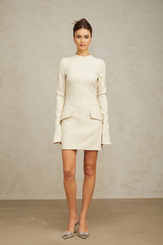 Erika Cream White Mini Dress with Mock Neck and Flared Cuffs