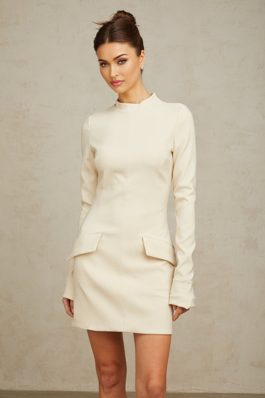 Erika Cream White Mini Dress with Mock Neck and Flared Cuffs Faux Pocket Detailing Rear Zip Fastening Thigh-Length Sophisticated Style