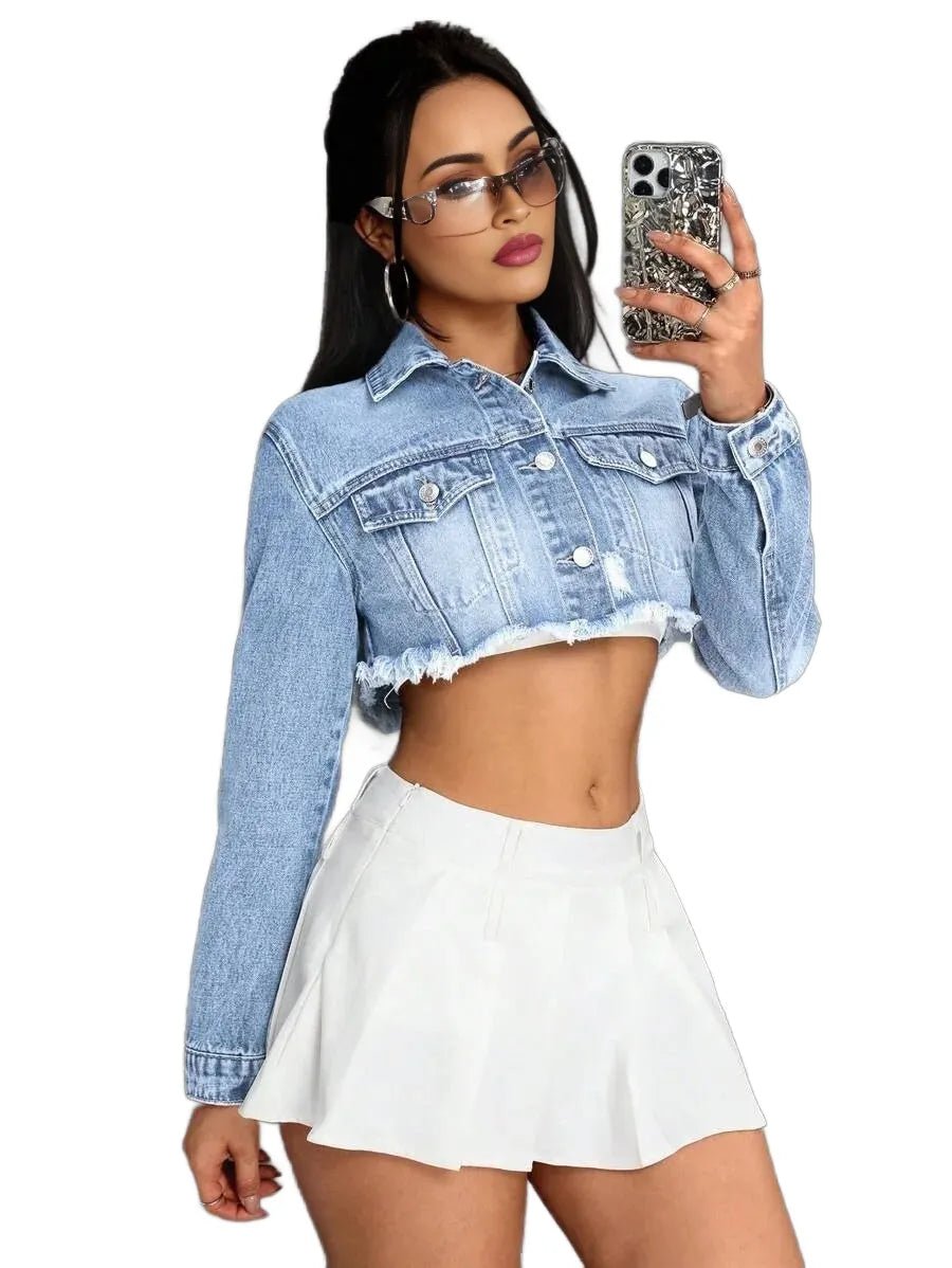 Erika Cropped Denim Jacket with Distressed Hem in Blue - Blue