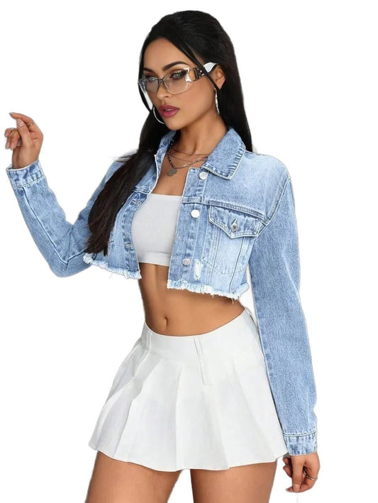 Erika Cropped Denim Jacket with Distressed Hem in Blue - Blue