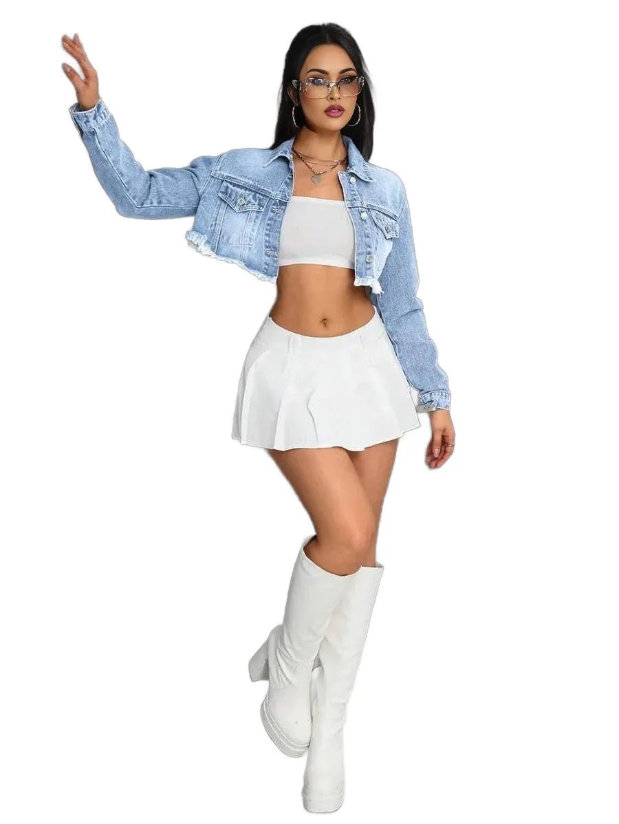 Erika Cropped Denim Jacket with Distressed Hem in Blue - Blue