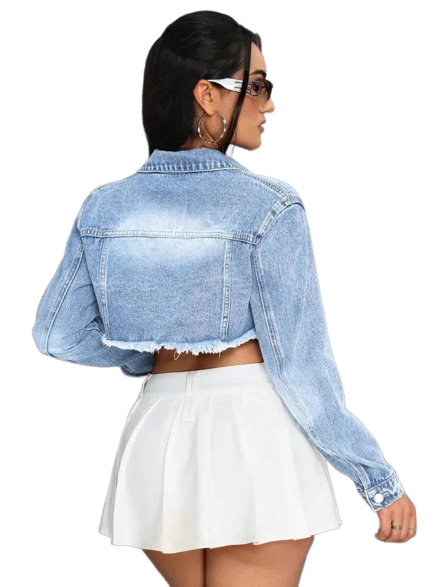 Erika Cropped Denim Jacket with Distressed Hem in Blue - Blue