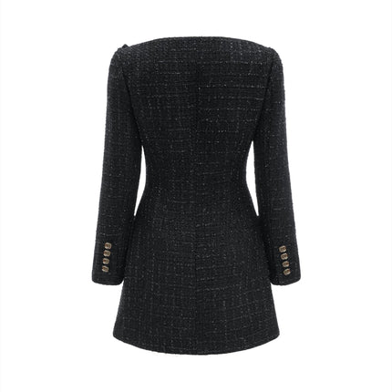 Erin Black Tweed Coat Dress with Bow Detail and Lapels