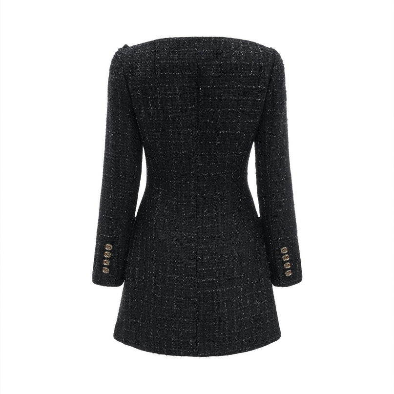 Erin Black Tweed Coat Dress with Bow Detail and Lapels
