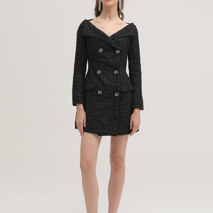 Erin Black Tweed Dress Coat with Bow Detail and Lapels