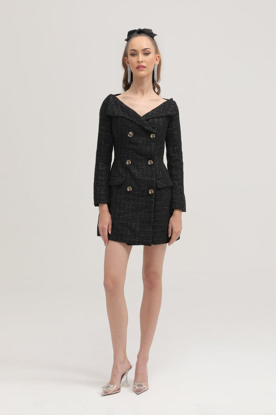 Erin Black Tweed Dress Coat with Bow Detail and Lapels