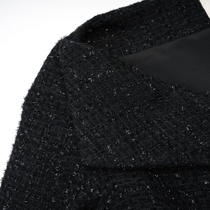 Erin Black Tweed Dress Coat with Bow Detail and Lapels