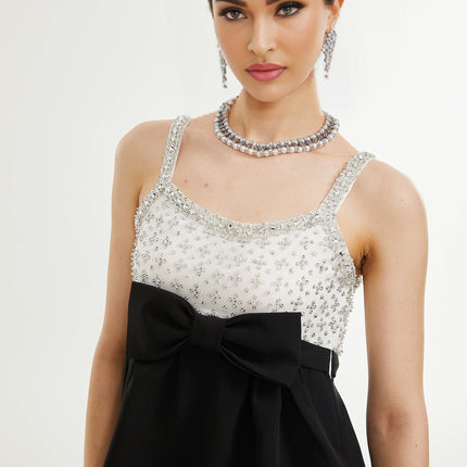 Ermione Black and White Crystal Embellished Mini Dress