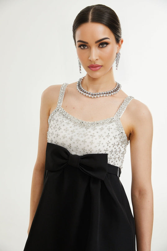 Ermione Black and White Crystal Embellished Mini Dress