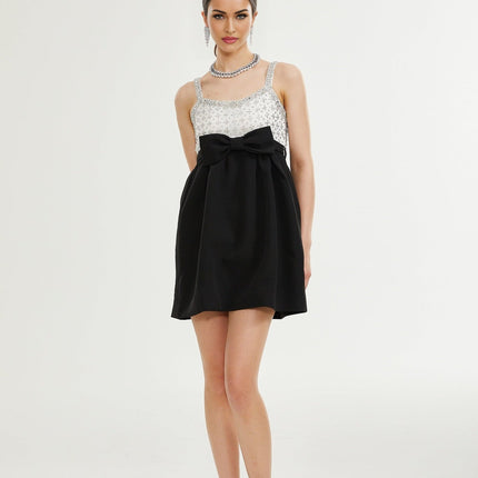 Ermione Black and White Crystal Embellished Mini Dress with Bow Detailing