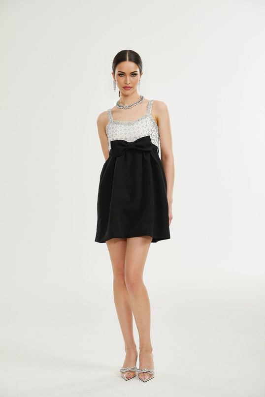 Ermione Black and White Crystal Embellished Mini Dress with Bow Detailing