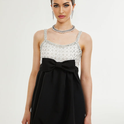 Ermione Black and White Crystal Embellished Mini Dress with Bow Detailing