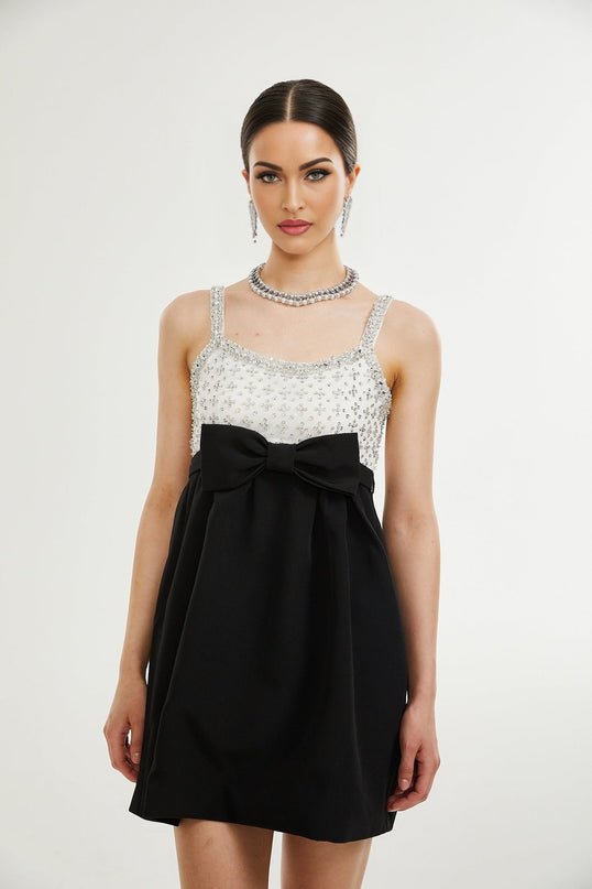 Ermione Black and White Crystal Embellished Mini Dress with Bow Detailing