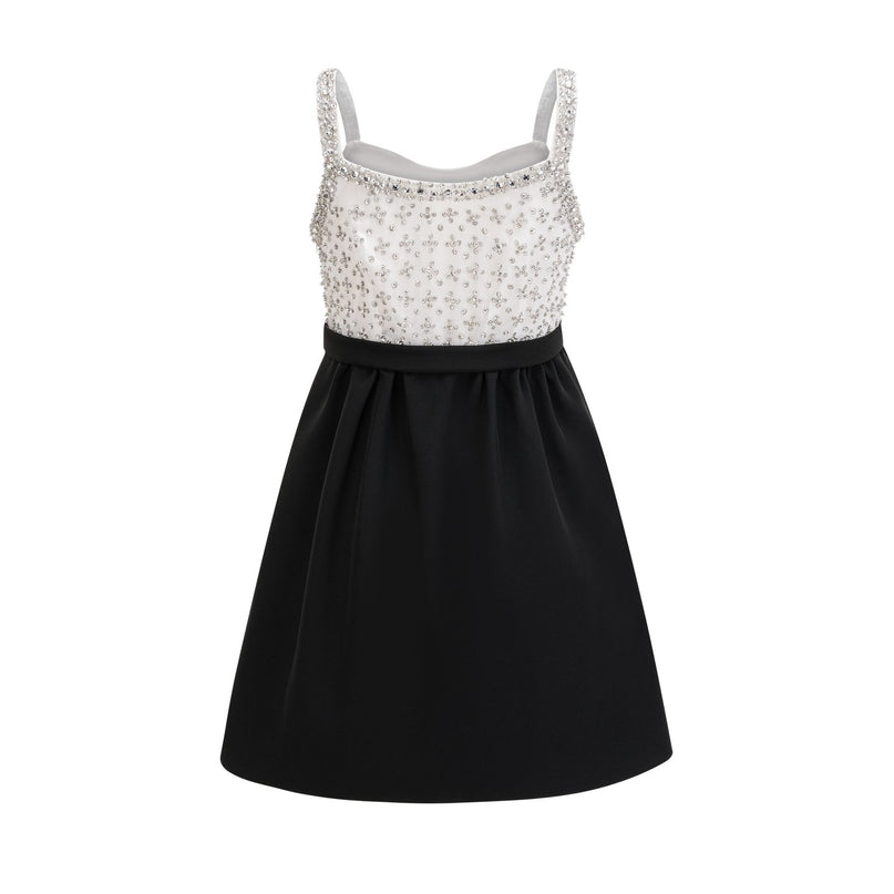 Ermione Black and White Crystal Embellished Mini Dress with Bow Detailing