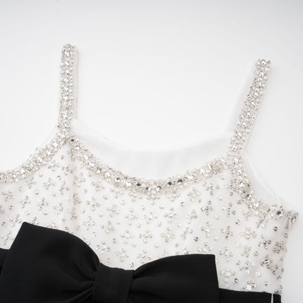 Ermione Black and White Crystal Embellished Mini Dress with Bow Detailing